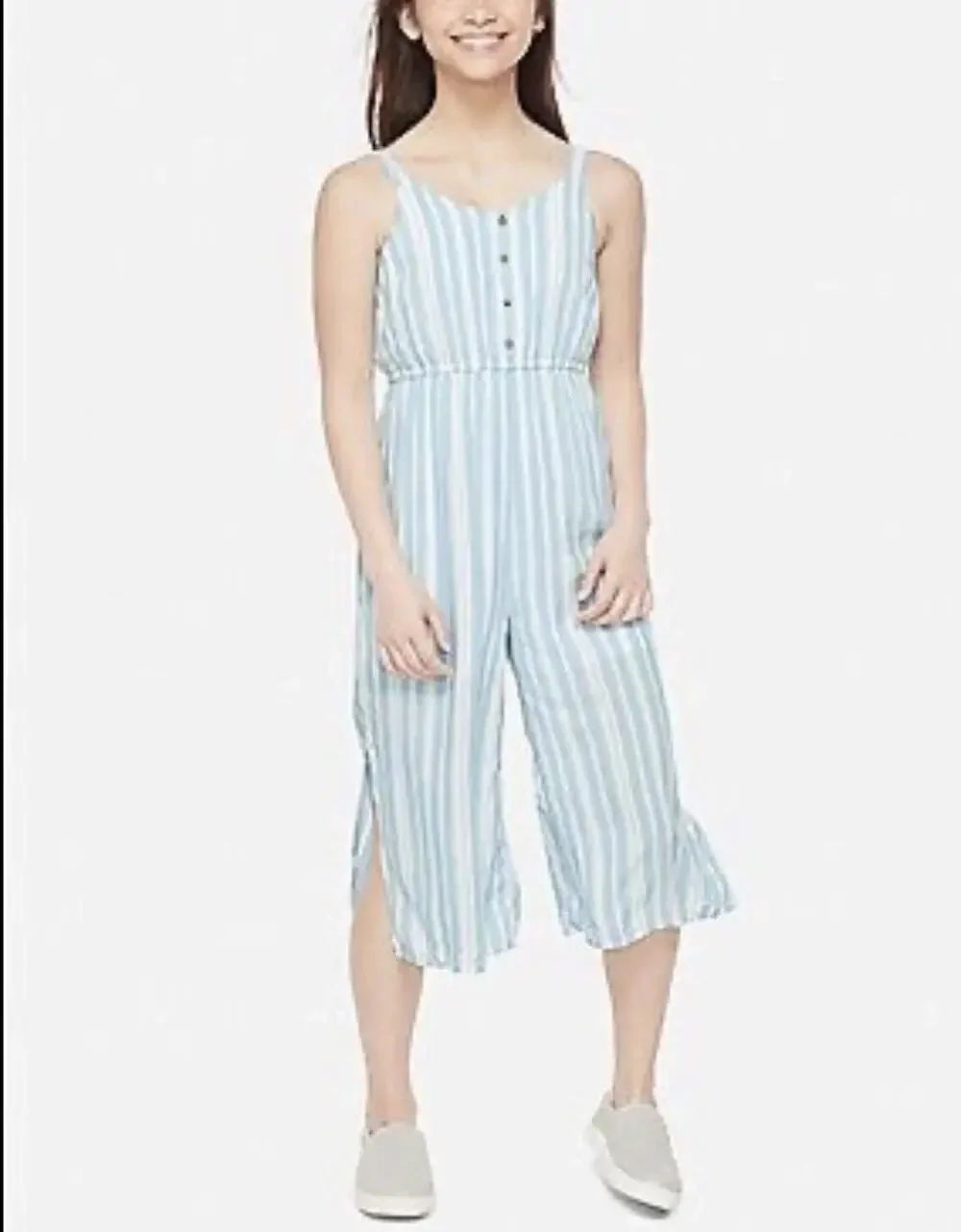 Justice Blue White Striped Quarter Button Jumpsuit